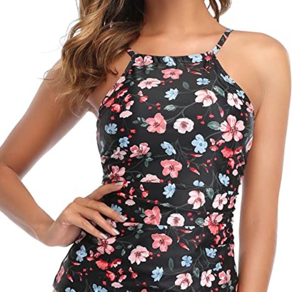 TEMPT ME L FLORAL ON BLACK TANKINI. RUCHING ON SIDES OF TOP NWOT - Picture 2 of 5